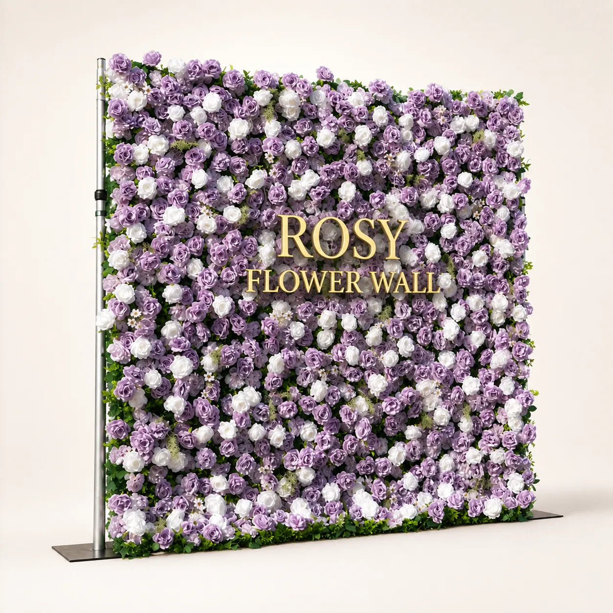 Artificial flower wall side view with gold Rosy Flower Wall logo on warm white background