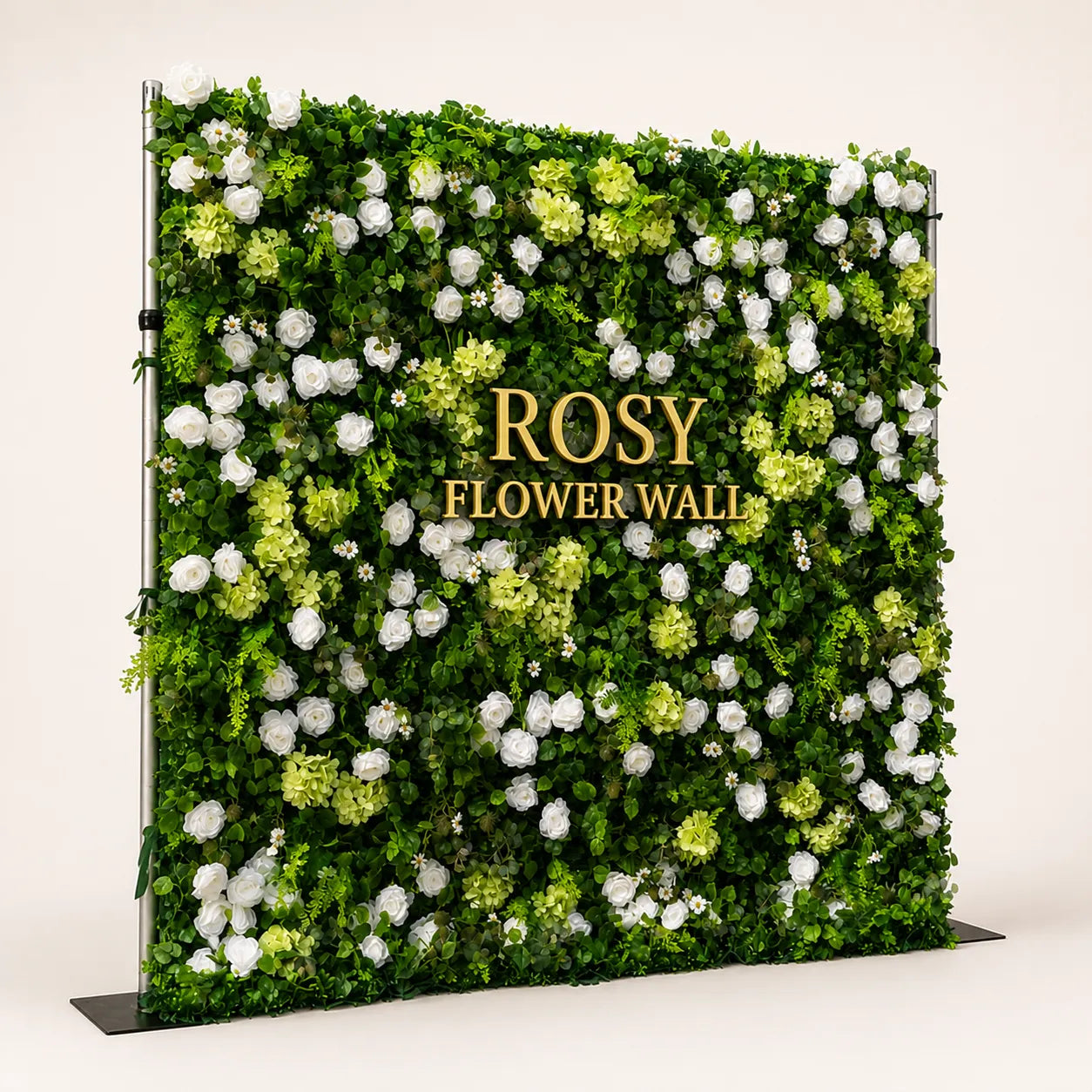 Artificial flower wall side view with gold Rosy Flower Wall logo on warm white background