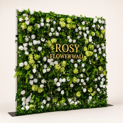 Artificial flower wall side view with gold Rosy Flower Wall logo on warm white background