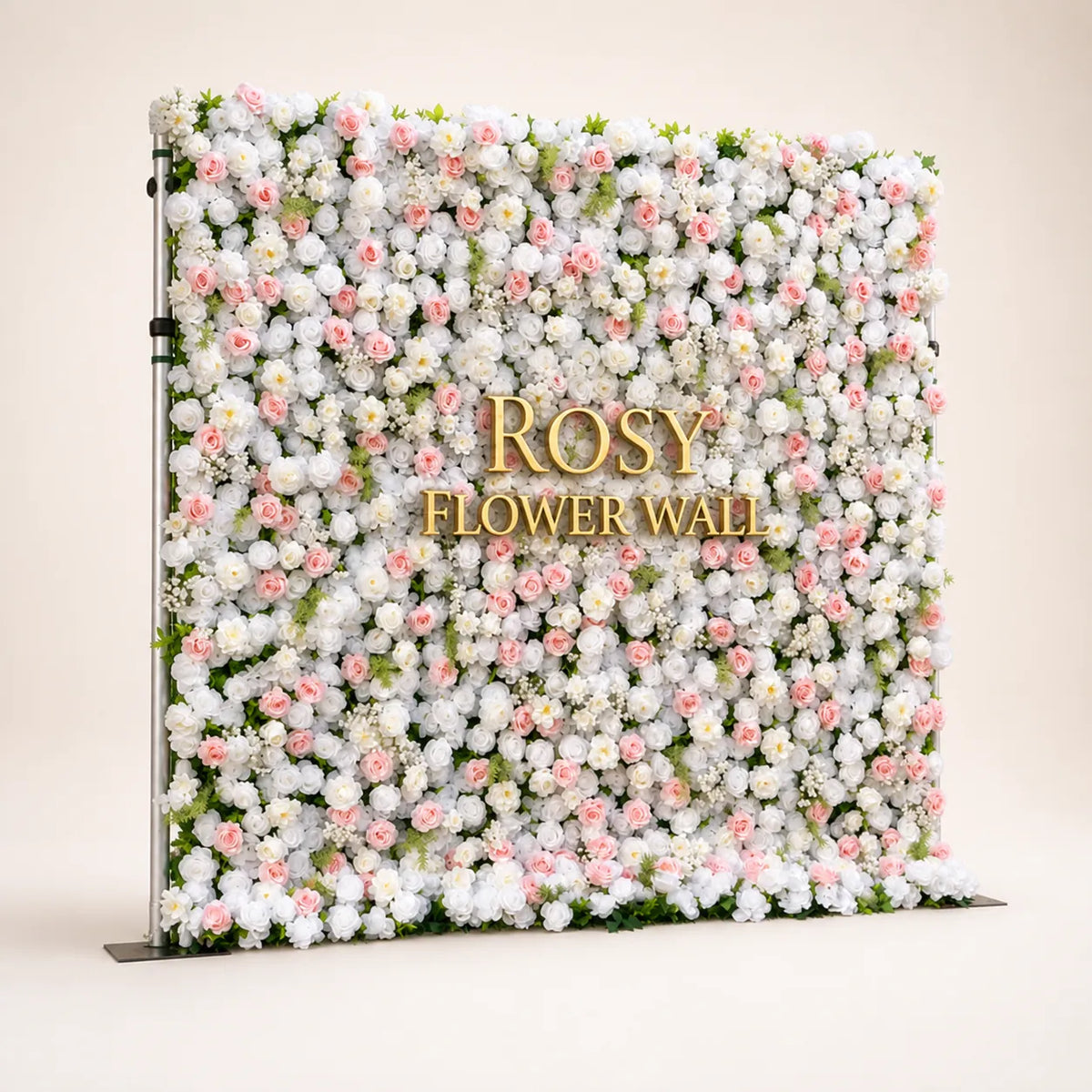 Artificial flower wall side view with gold Rosy Flower Wall logo on warm white background