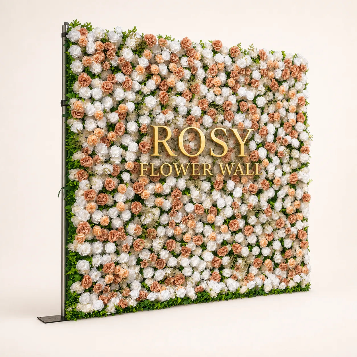 Artificial flower wall side view with gold Rosy Flower Wall logo on warm white background