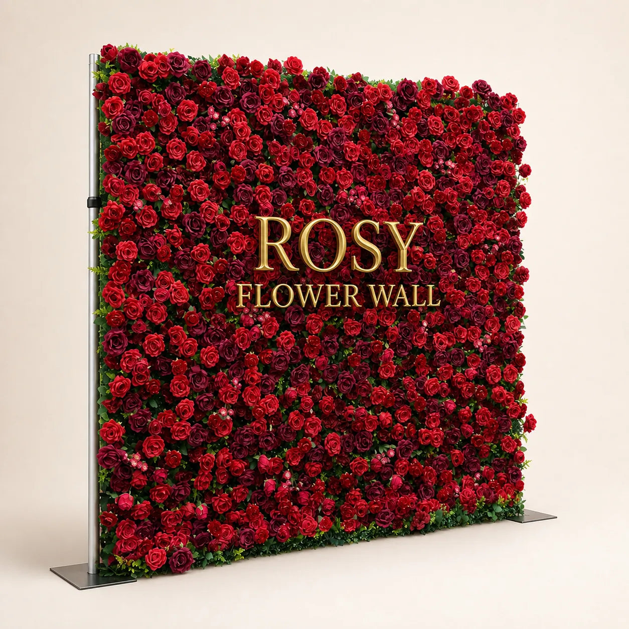 Artificial flower wall side view with gold Rosy Flower Wall logo on warm white background