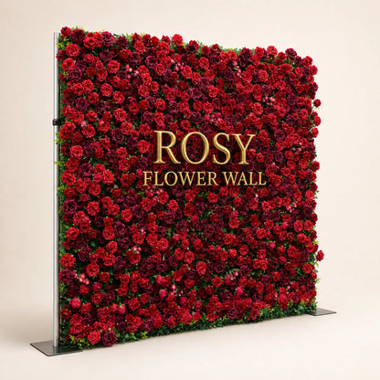 Artificial flower wall side view with gold Rosy Flower Wall logo on warm white background