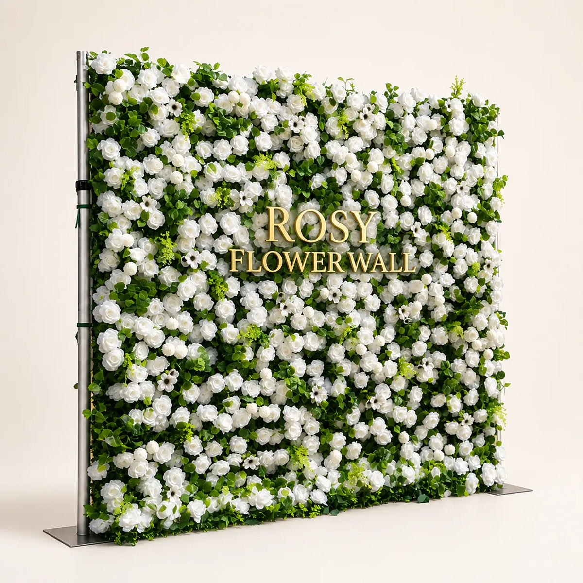 Artificial flower wall side view with gold Rosy Flower Wall logo on warm white background