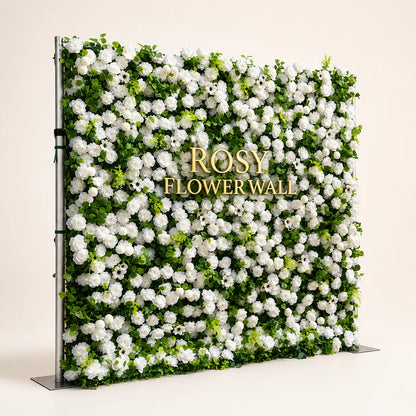 Artificial flower wall side view with gold Rosy Flower Wall logo on warm white background