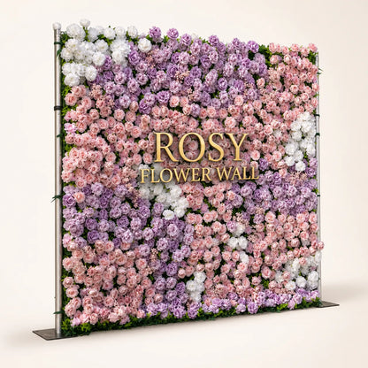 Artificial flower wall side view with gold Rosy Flower Wall logo on warm white background