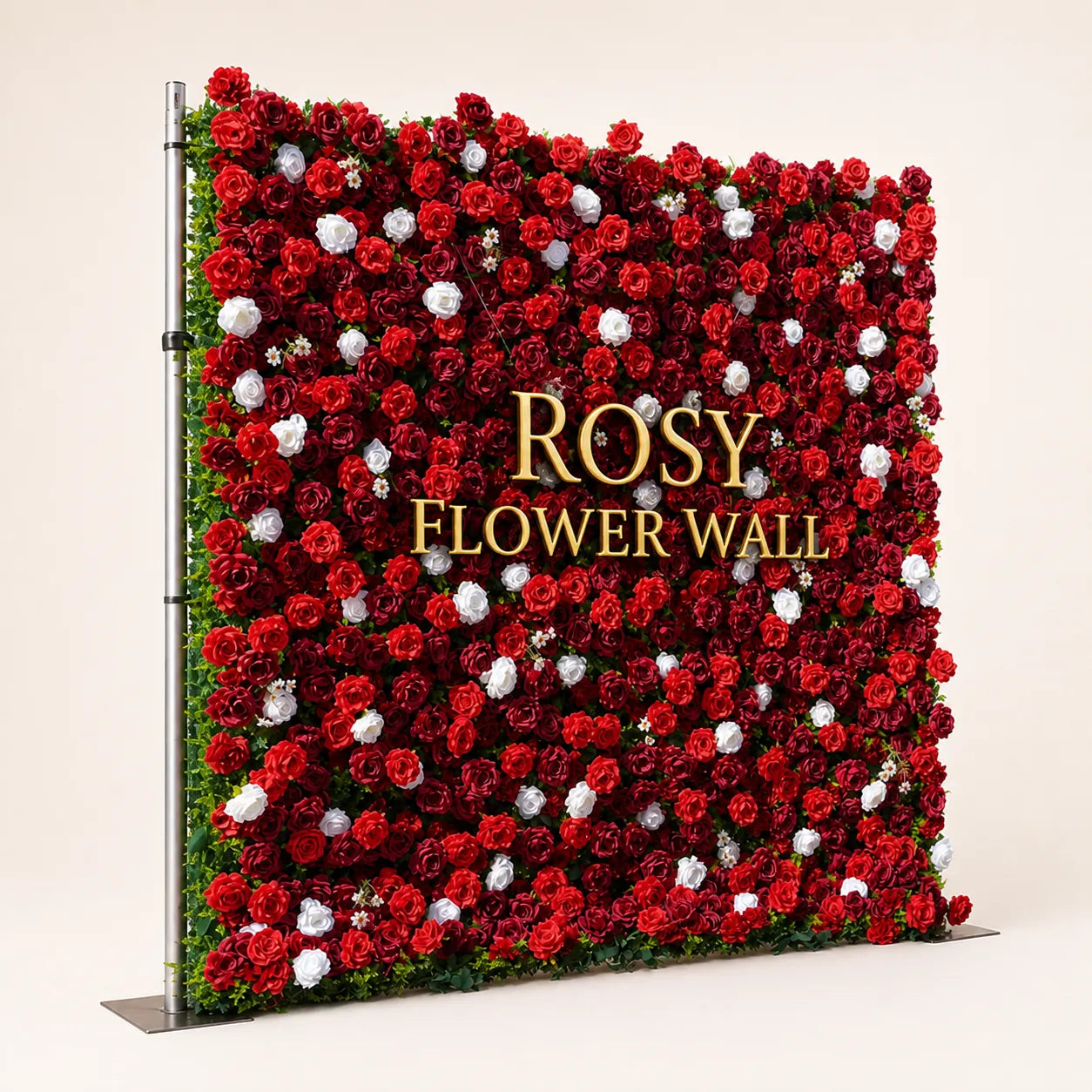Artificial flower wall side view with gold Rosy Flower Wall logo on warm white background