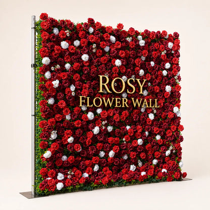 Artificial flower wall side view with gold Rosy Flower Wall logo on warm white background