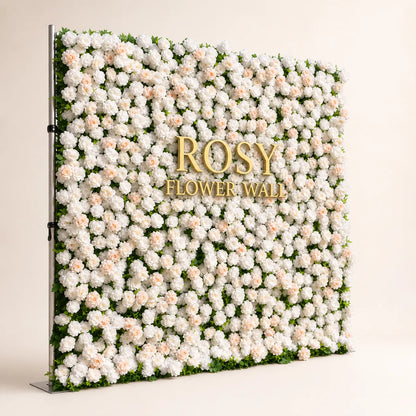 Artificial flower wall side view with gold Rosy Flower Wall logo on warm white background