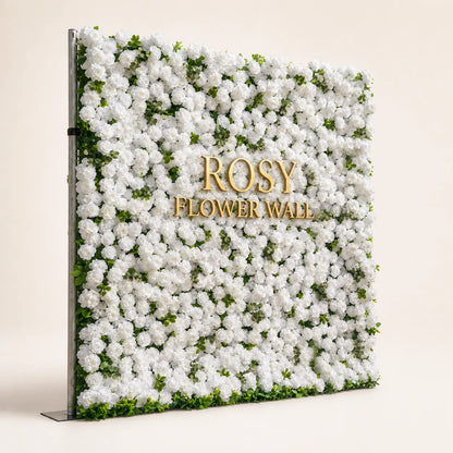 Artificial flower wall side view with gold Rosy Flower Wall logo on warm white background