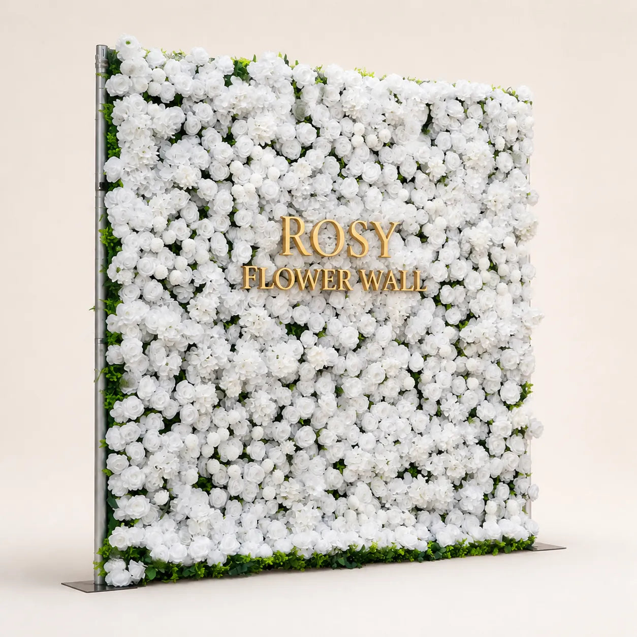 Artificial flower wall side view with gold Rosy Flower Wall logo on warm white background