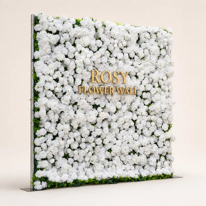 Artificial flower wall side view with gold Rosy Flower Wall logo on warm white background