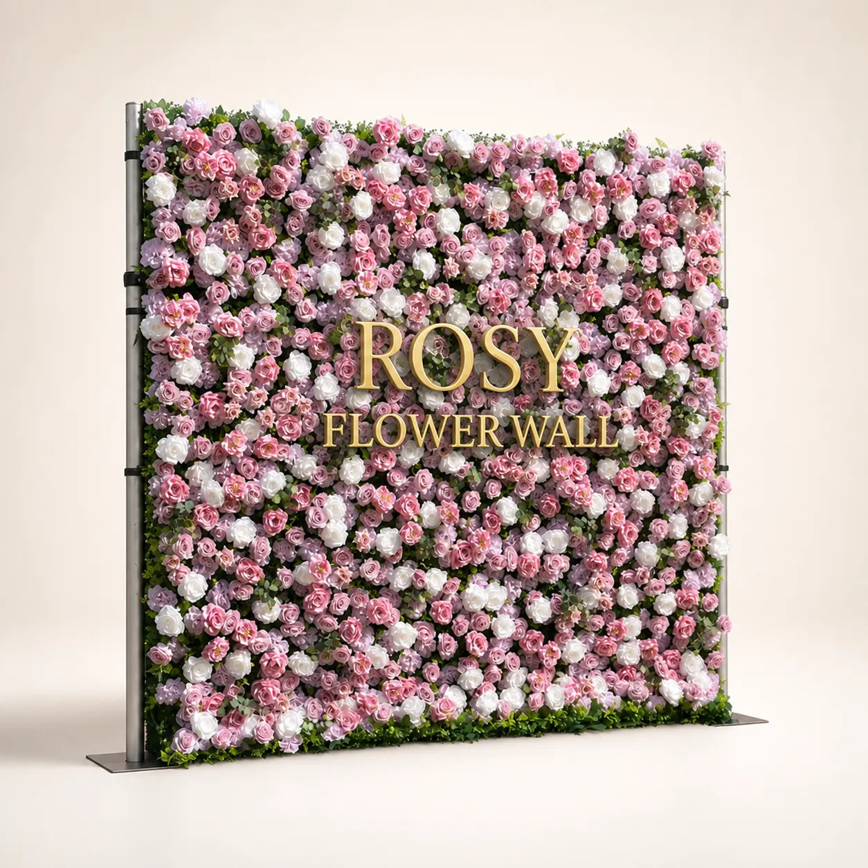 Artificial flower wall side view with gold Rosy Flower Wall logo on warm white background