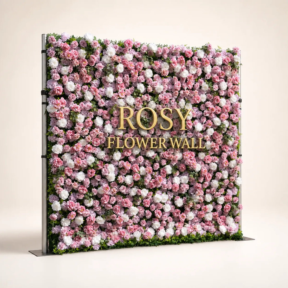 Artificial flower wall side view with gold Rosy Flower Wall logo on warm white background