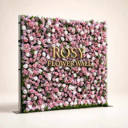 Artificial flower wall side view with gold Rosy Flower Wall logo on warm white background