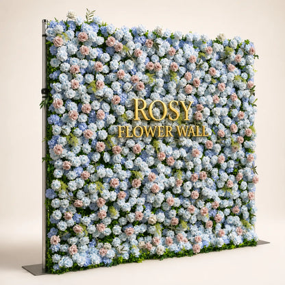 Artificial flower wall side view with gold Rosy Flower Wall logo on warm white background