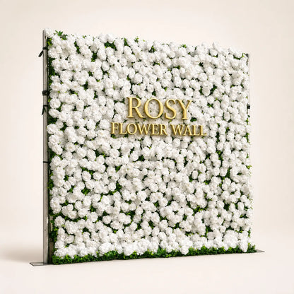 Artificial flower wall side view with gold Rosy Flower Wall logo on warm white background