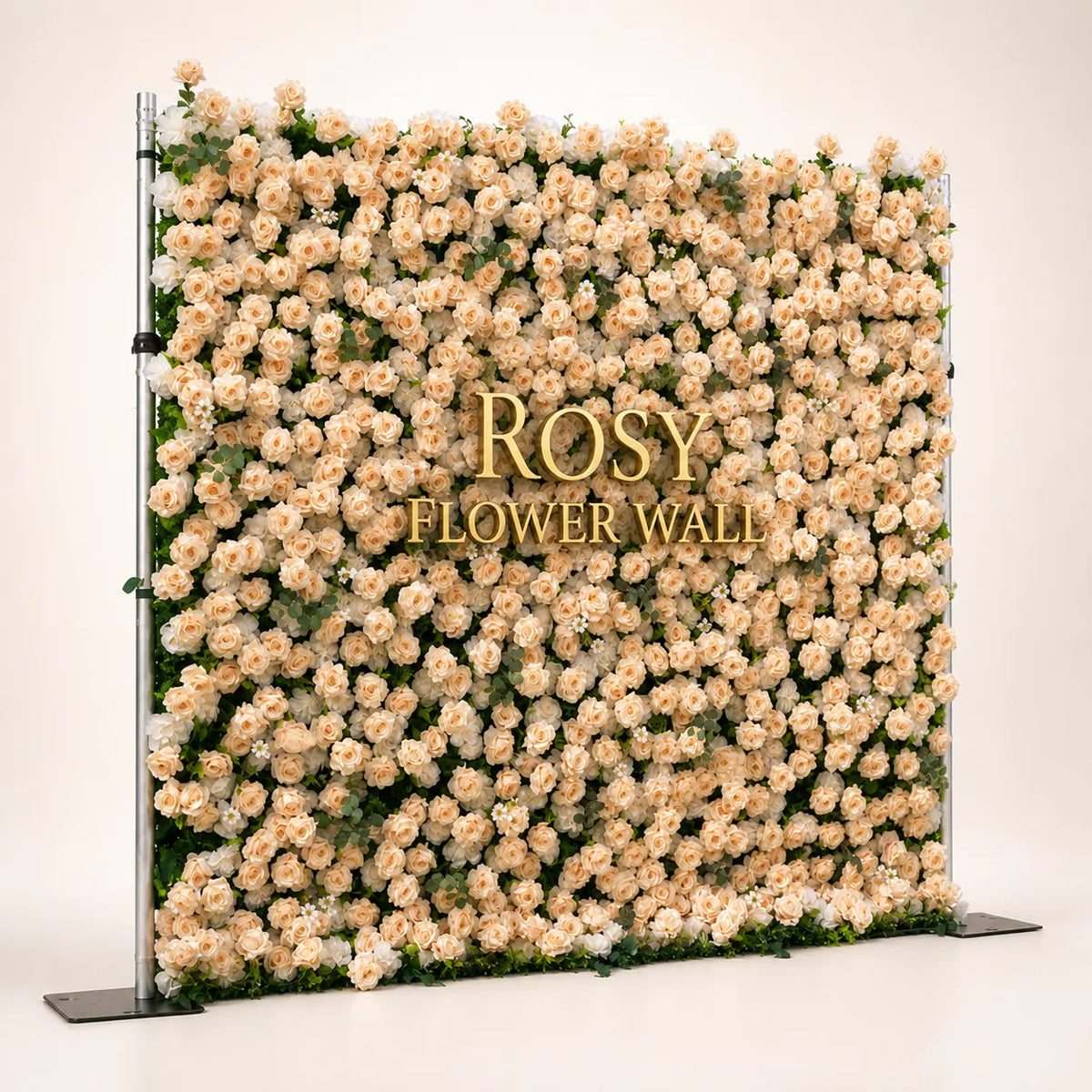 Artificial flower wall side view with gold Rosy Flower Wall logo on warm white background