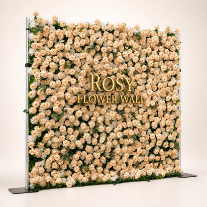 Artificial flower wall side view with gold Rosy Flower Wall logo on warm white background