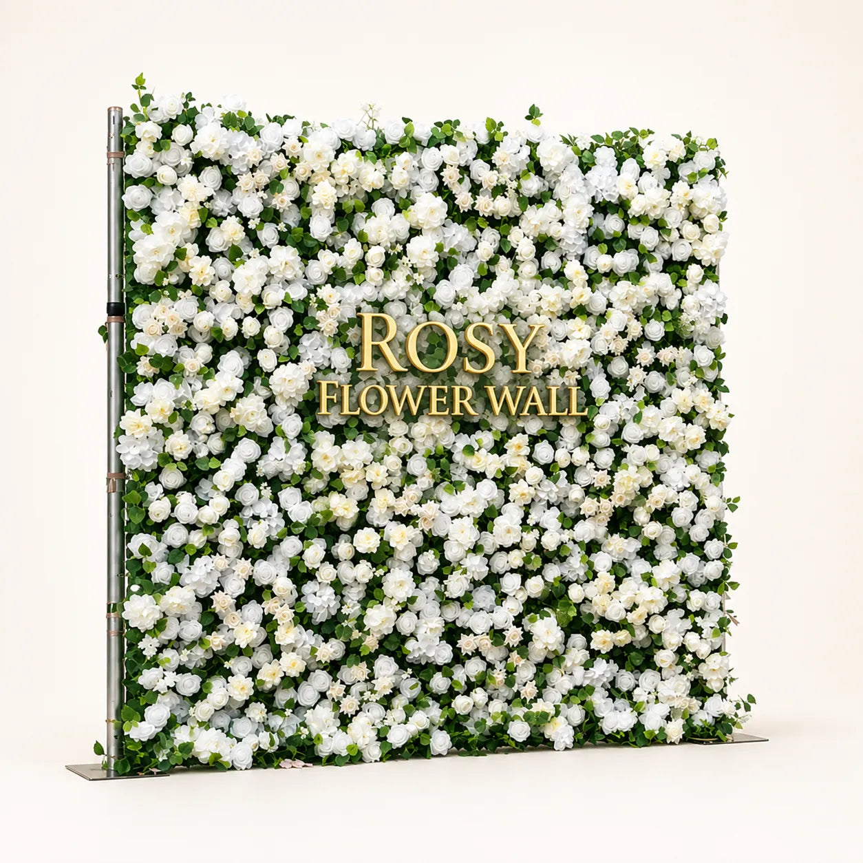 Artificial flower wall side view with gold Rosy Flower Wall logo on warm white background