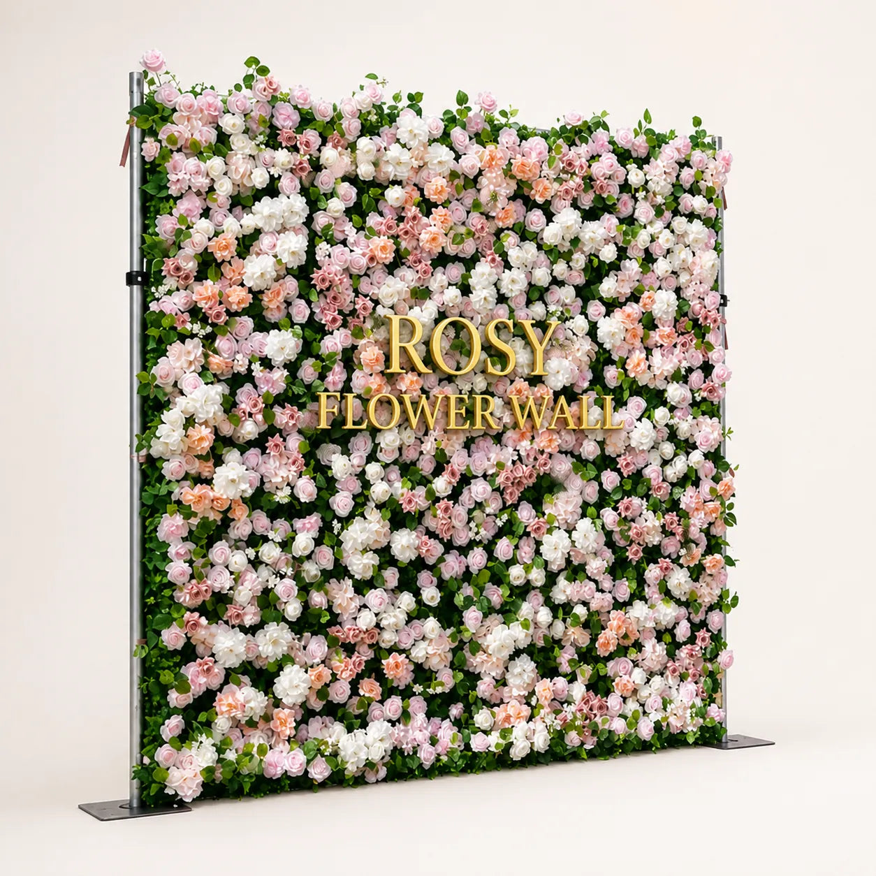 Artificial flower wall side view with gold Rosy Flower Wall logo on warm white background