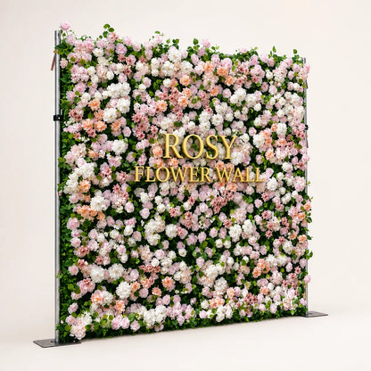 Artificial flower wall side view with gold Rosy Flower Wall logo on warm white background