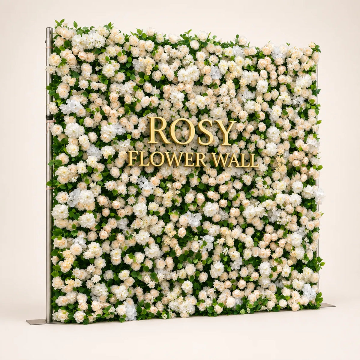 Artificial flower wall side view with gold Rosy Flower Wall logo on warm white background
