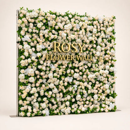 Artificial flower wall side view with gold Rosy Flower Wall logo on warm white background