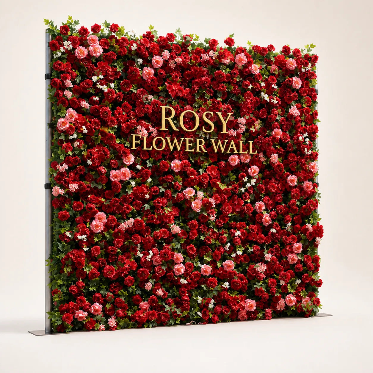 Artificial flower wall side view with gold Rosy Flower Wall logo on warm white background