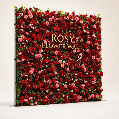 Artificial flower wall side view with gold Rosy Flower Wall logo on warm white background