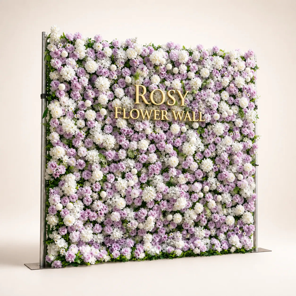 Artificial flower wall side view with gold Rosy Flower Wall logo on warm white background
