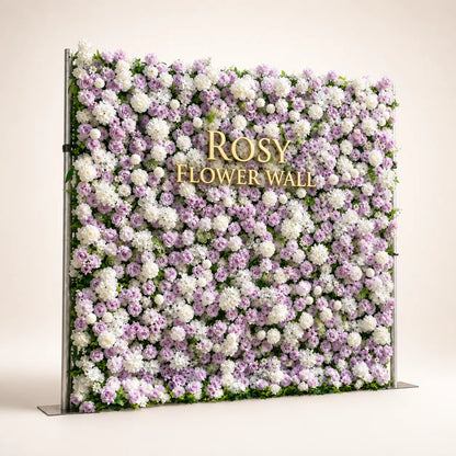 Artificial flower wall side view with gold Rosy Flower Wall logo on warm white background