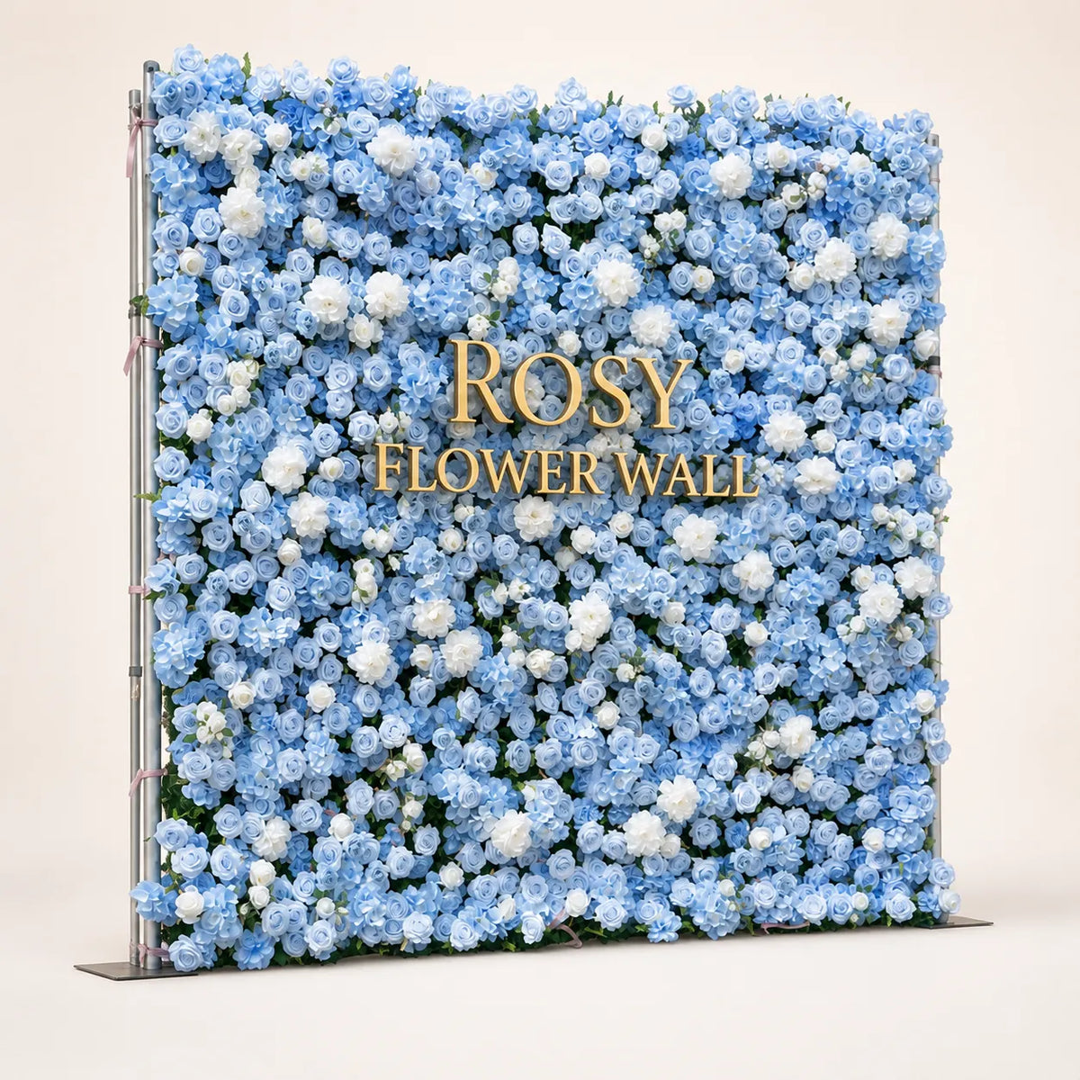 Artificial flower wall side view with gold Rosy Flower Wall logo on warm white background