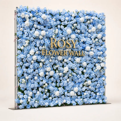 Artificial flower wall side view with gold Rosy Flower Wall logo on warm white background
