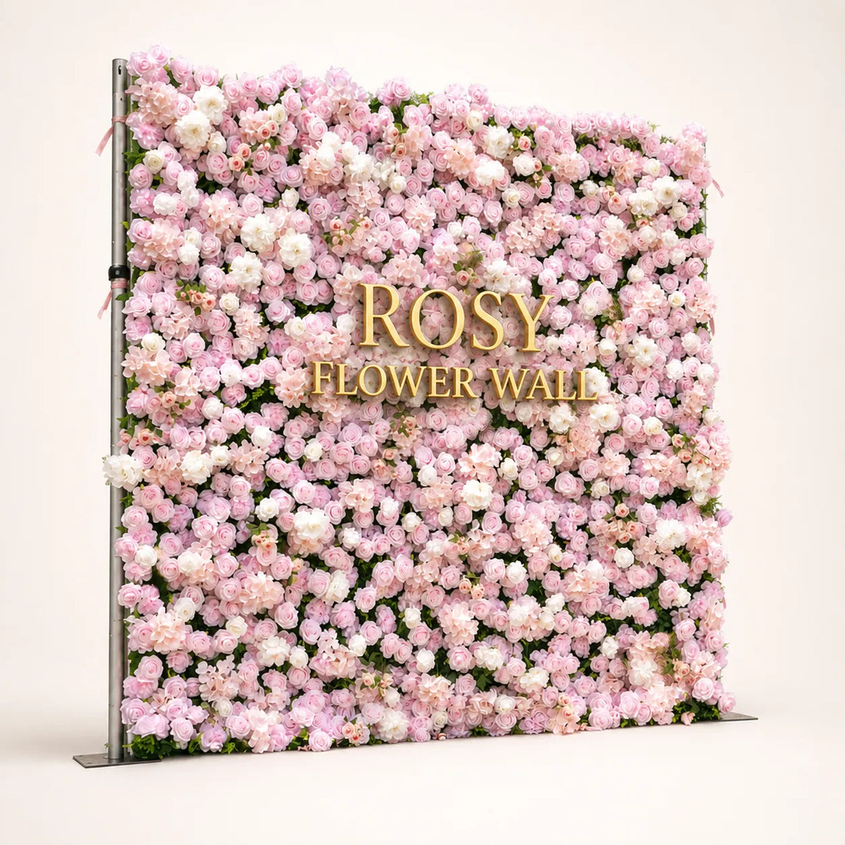 Artificial flower wall side view with gold Rosy Flower Wall logo on warm white background
