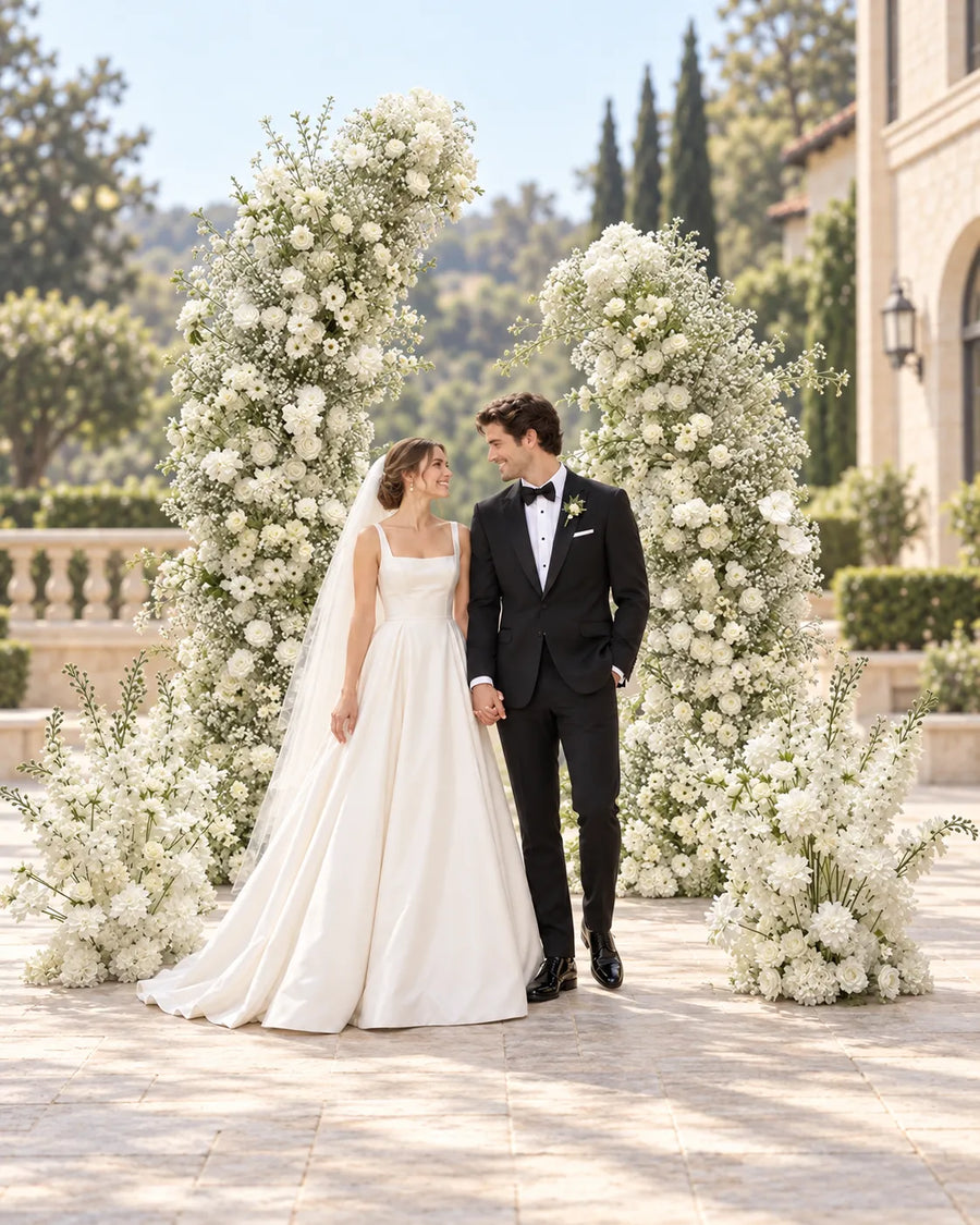 Grand White Blossom Wedding Flower Arch in an AI-styled wedding scene