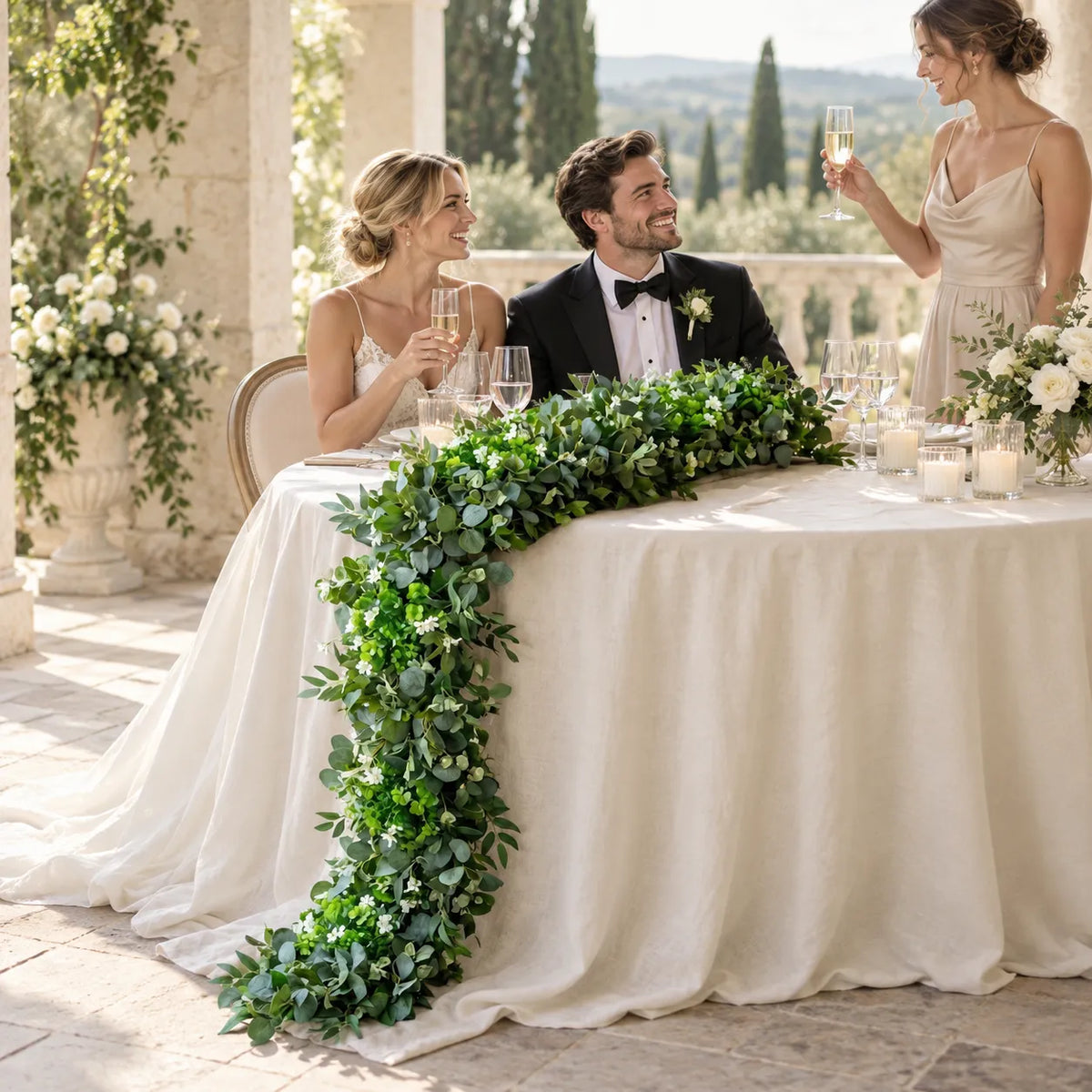 Green Eucalyptus & White Blossom Artificial Flower Runner styled for a wedding celebration