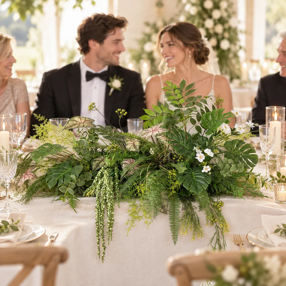 Greenery Floral Table Arrangement – Wedding Table Decor in an AI-styled wedding scene