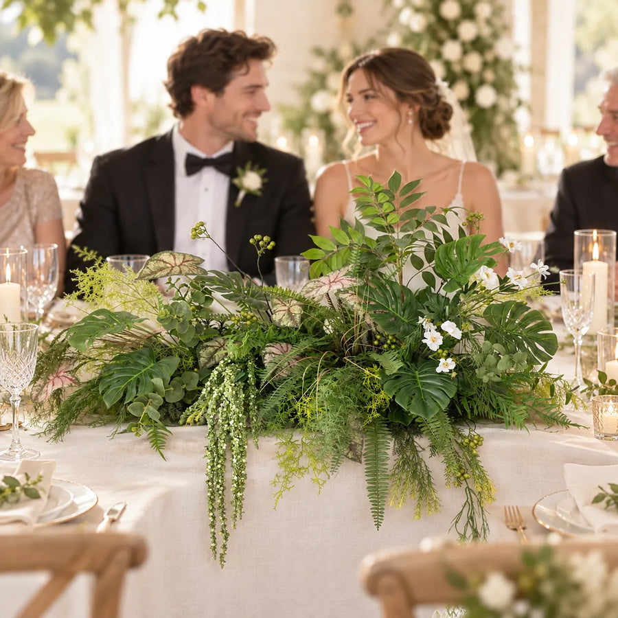 Greenery Floral Table Arrangement – Wedding Table Decor in an AI-styled wedding scene