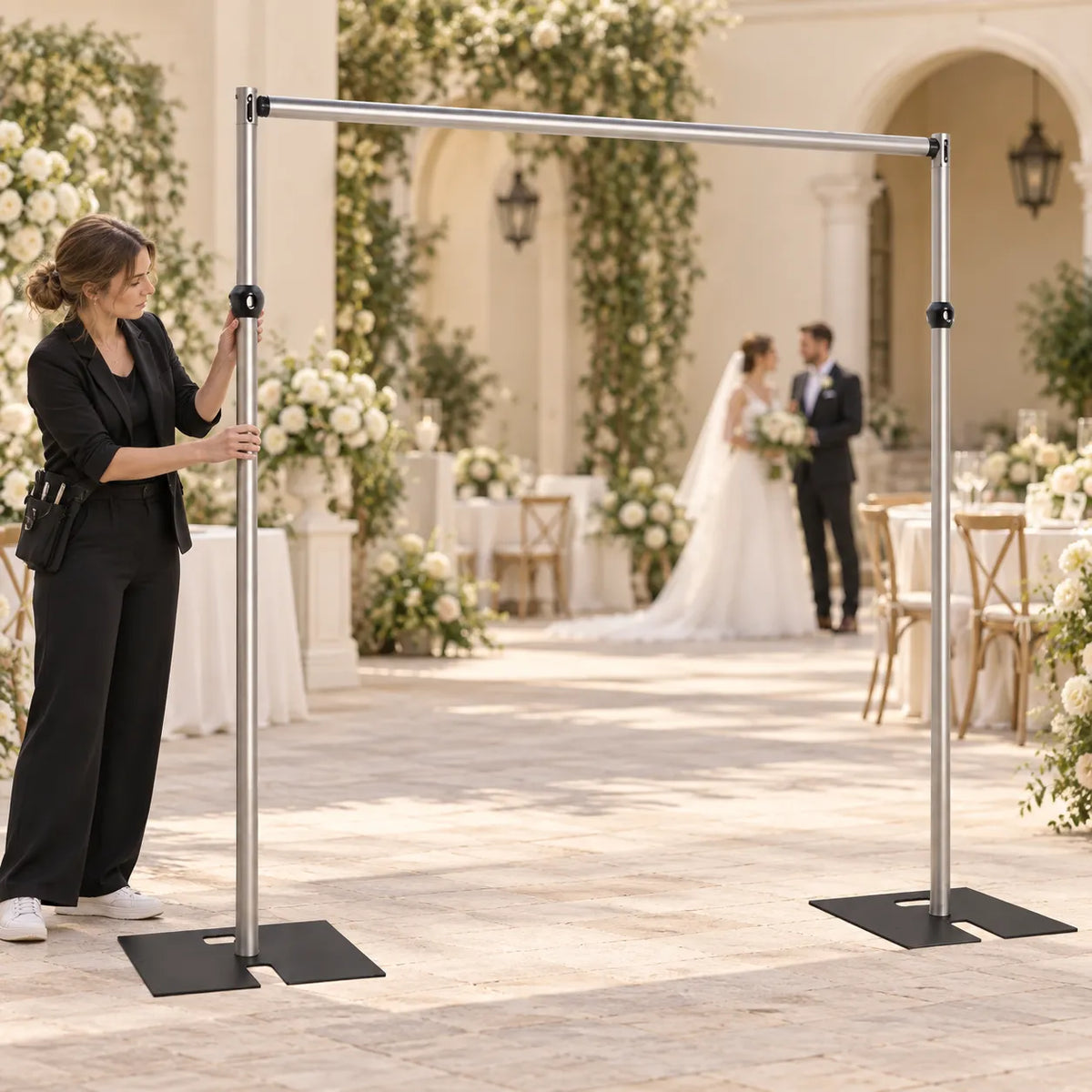 Heavy-Duty Flower Wall Stand – Adjustable 8ft Backdrop Frame (Stable, Easy Setup) in an AI-styled wedding scene