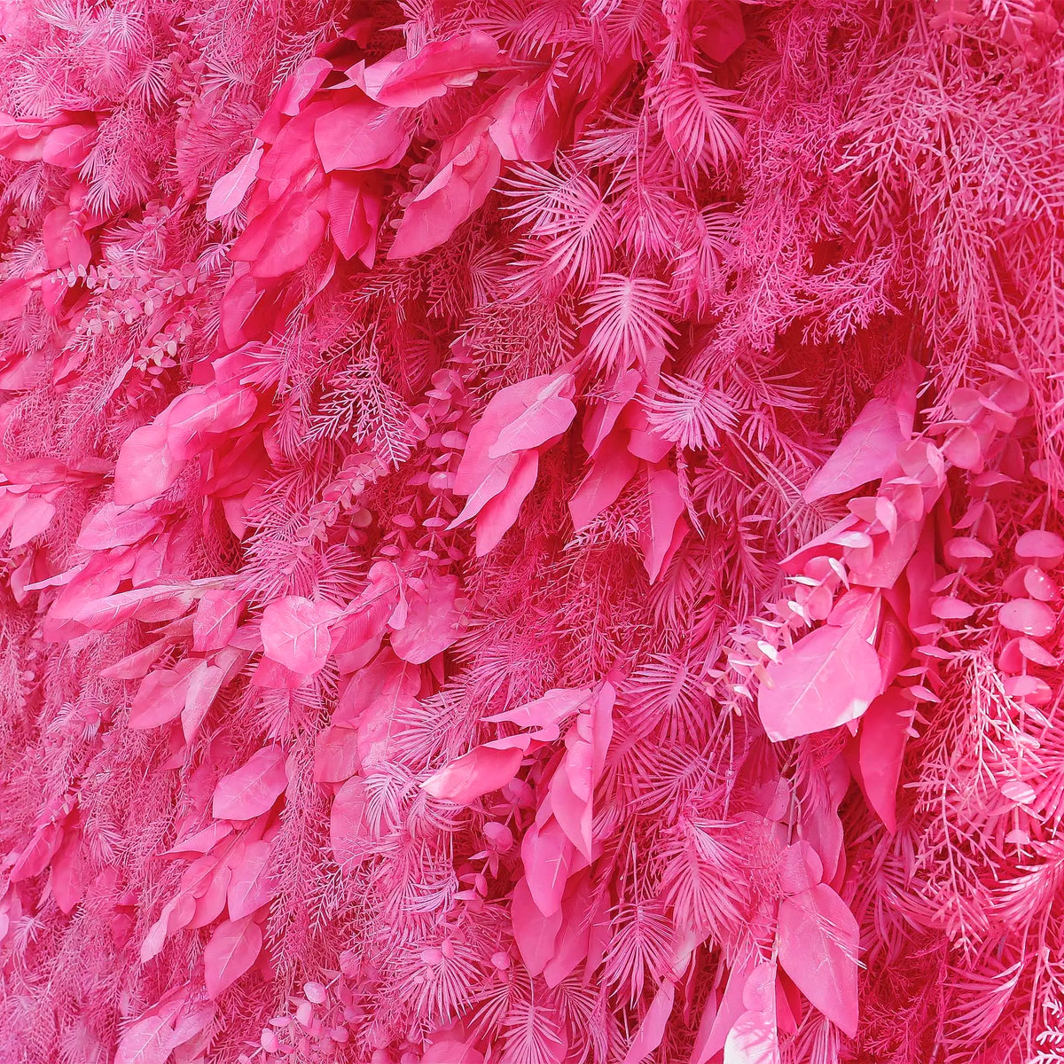 Rosy Hot Pink Feathered Leaf Wall – 3D Faux Floral Backdrop for Events & Weddings