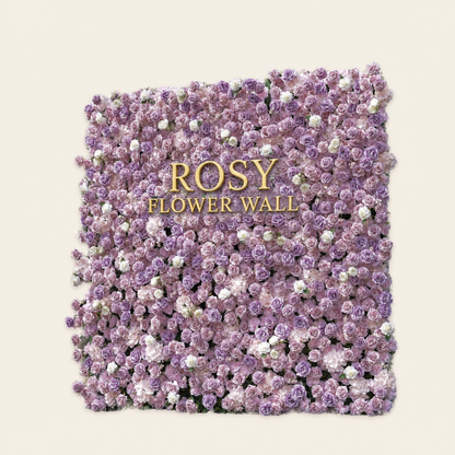 Lavender and blush 5D silk flower wall backdrop, angled side view on a warm-white background
