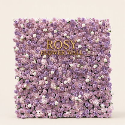 Lavender and blush 5D silk flower wall backdrop, front view on a warm-white background