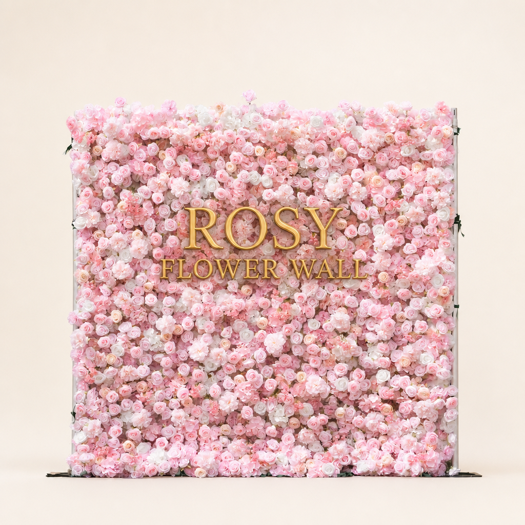 Pink and white 5D silk flower wall backdrop, front view on a warm-white background