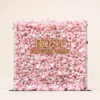 Pink and white 5D silk flower wall backdrop, front view on a warm-white background