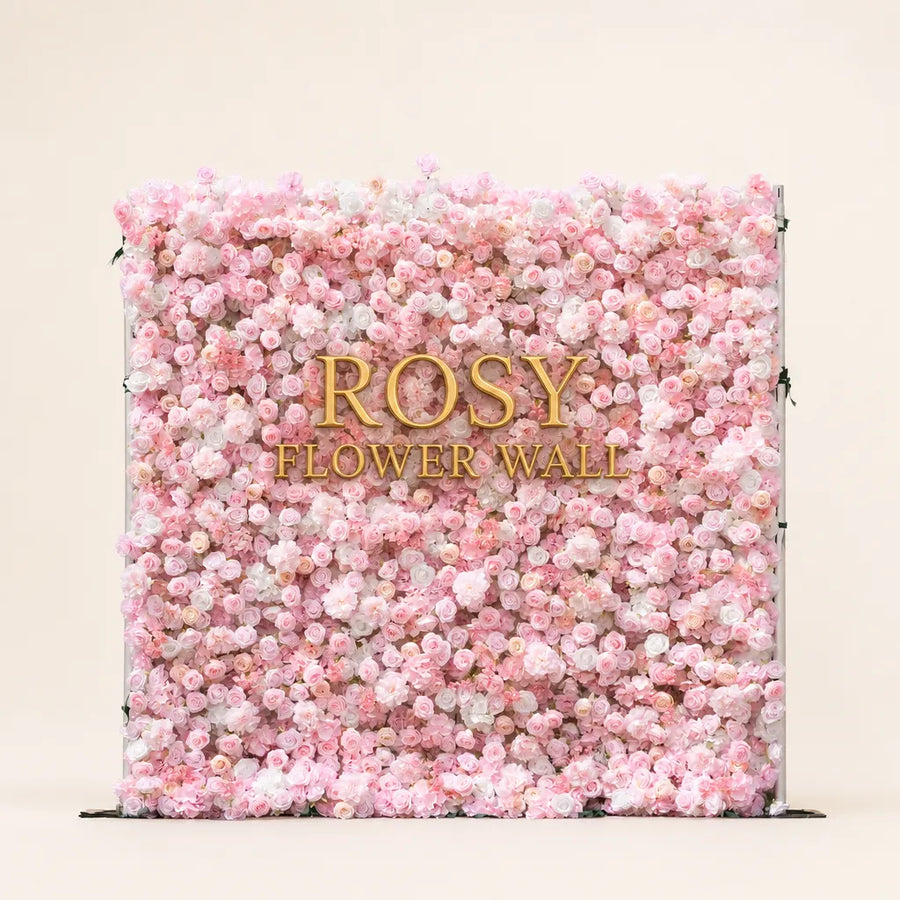 Artificial flower wall front view with gold Rosy Flower Wall logo on warm white background