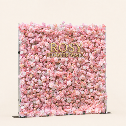 Pink and white 5D silk flower wall backdrop, angled side view on a warm-white background