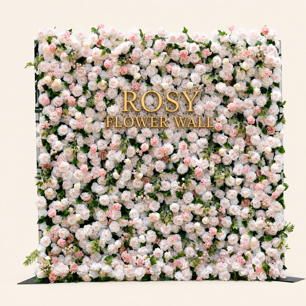 Peach and white 5D silk flower wall backdrop, front view on a warm-white background