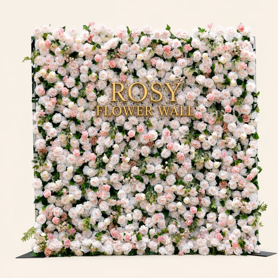 Artificial flower wall front view with gold Rosy Flower Wall logo on warm white background