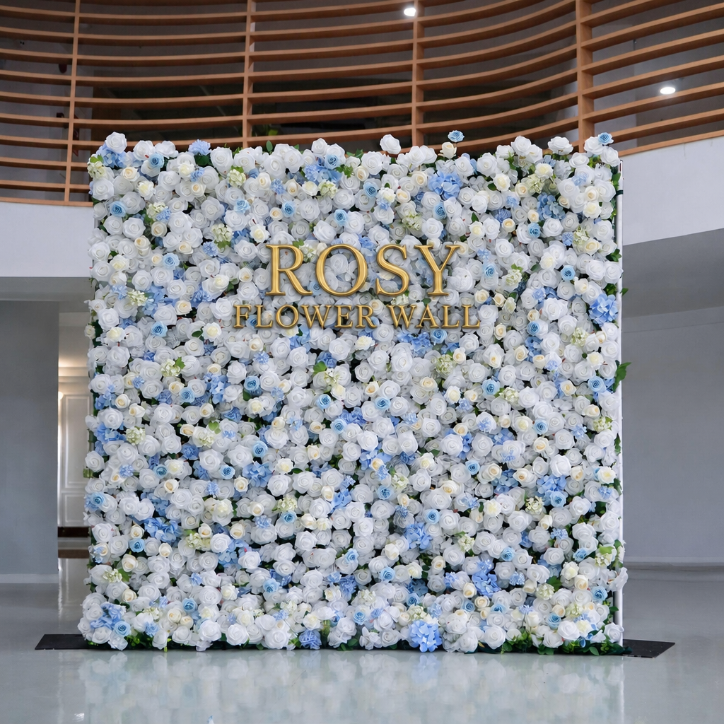 Blue and white 5D silk flower wall backdrop, front view in an indoor venue